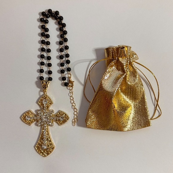 Vintage Gold Tone Gothic Statement Cross Charm Rosary Choker Necklace Brand New - Picture 3 of 11